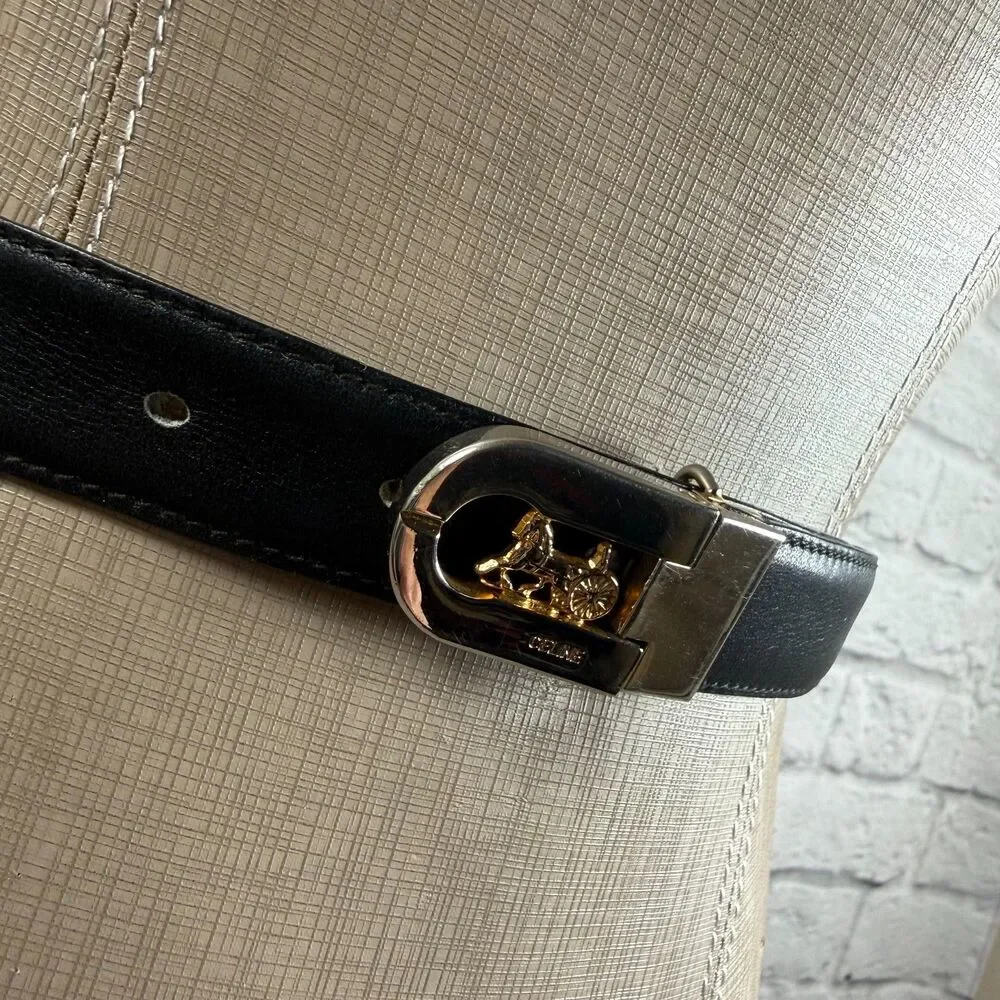 VTG Celine Horse And Carriage Women's Leather Waist Belt 32" Black Made In Italy - Picture 3 of 8